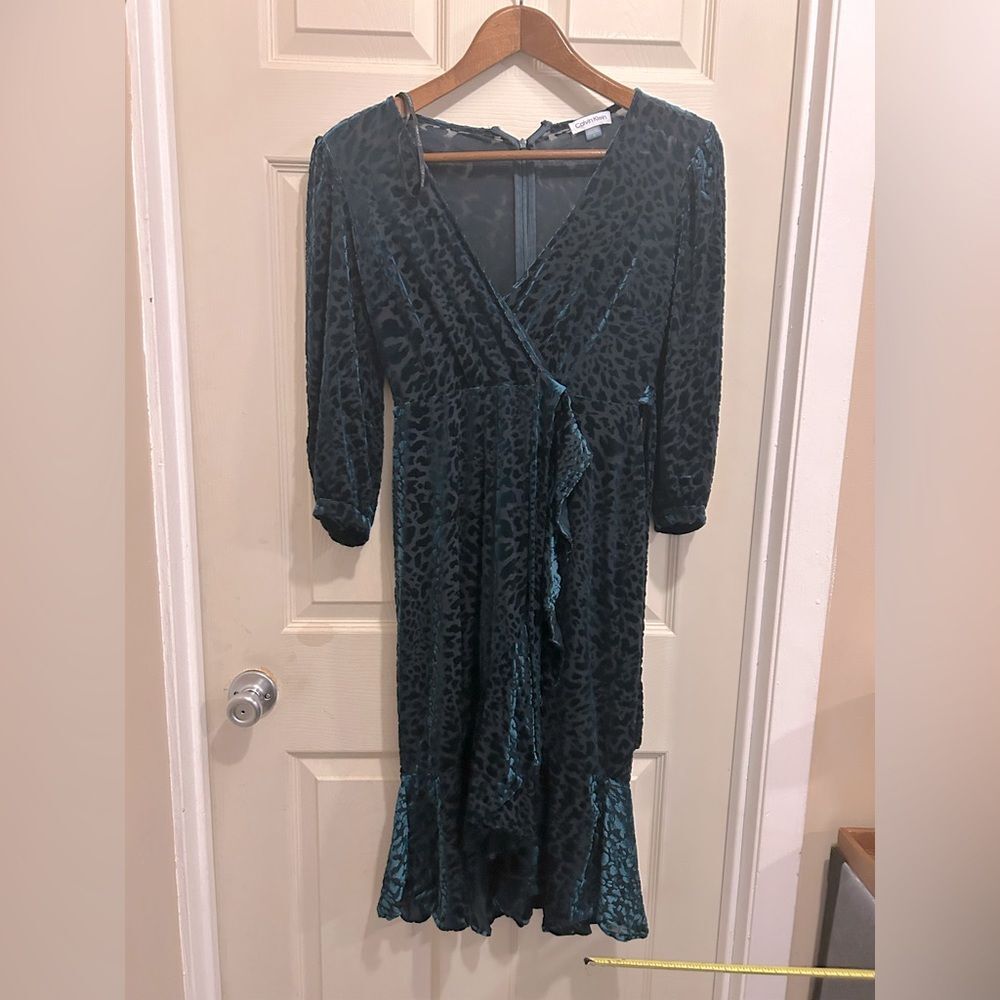 Calvin Klein Animal Print Velvet Burnt Out Emerald Green Wrap Dress -size 8